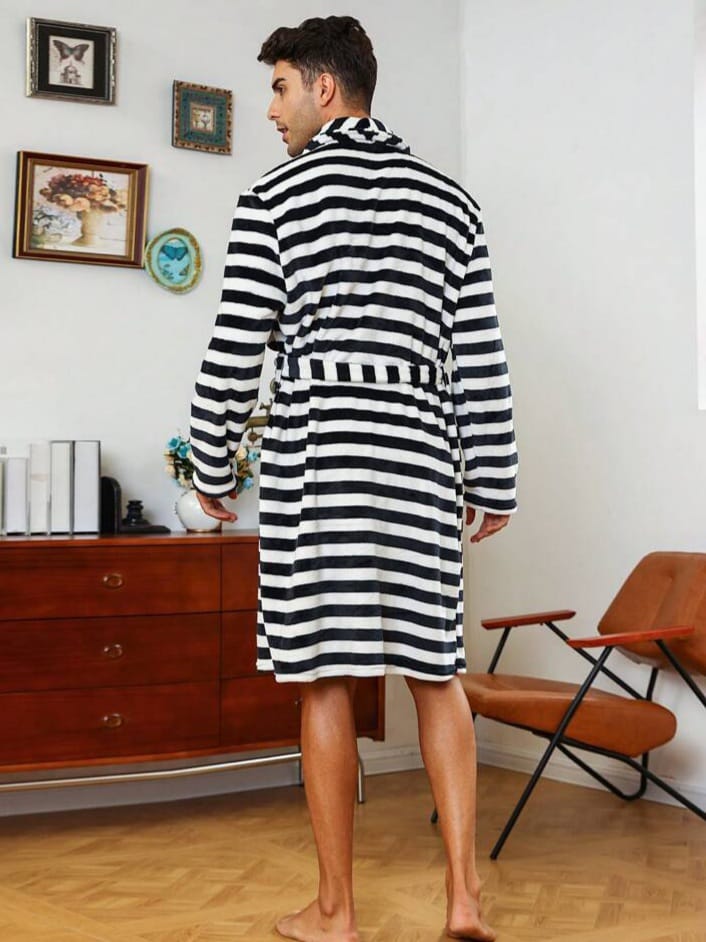 DREAM-CITY Men's Striped Shawl Collar Belted Bathrobe